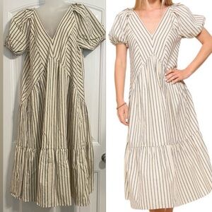 Lumiere Women’s Midi Dress Large Cream Striped 100% Cotton Cottagecore Prairie